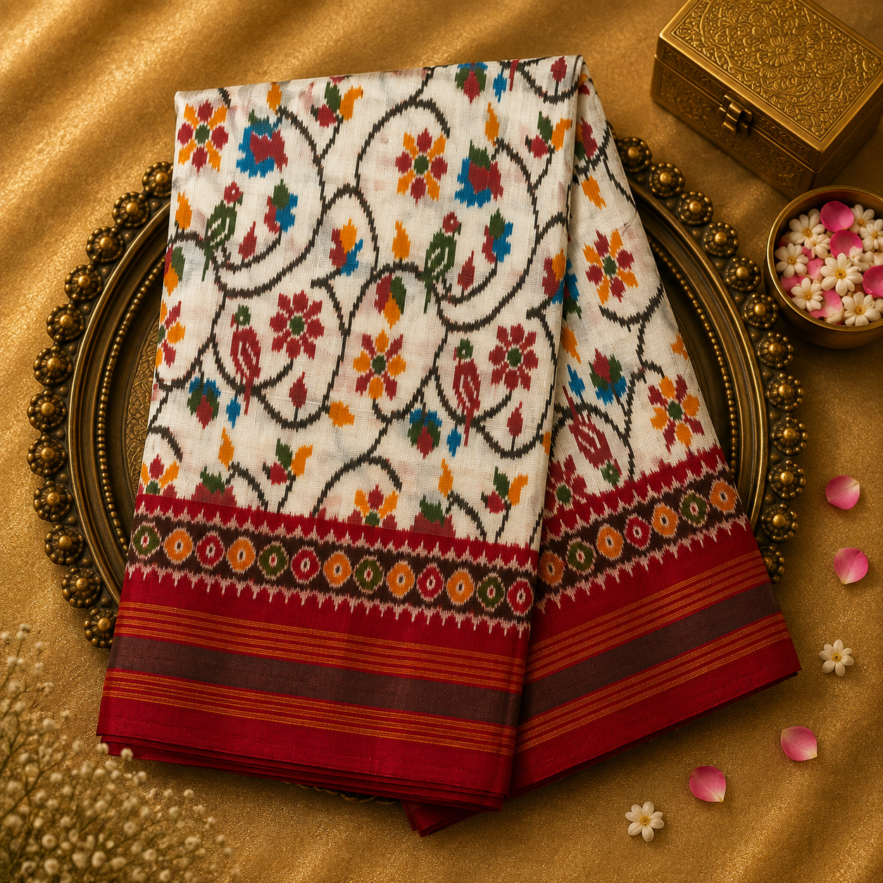 White Pure Ikat Silk Saree with Red Border & Red Ikat Blouse