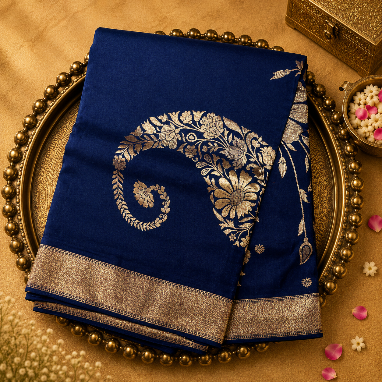 Dark Royal Blue Semi Crepe Silk Saree with Gold Mango Motifs & Zari Border