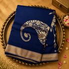 Dark Royal Blue Semi Crepe Silk Saree with Gold Mango Motifs & Zari Border
