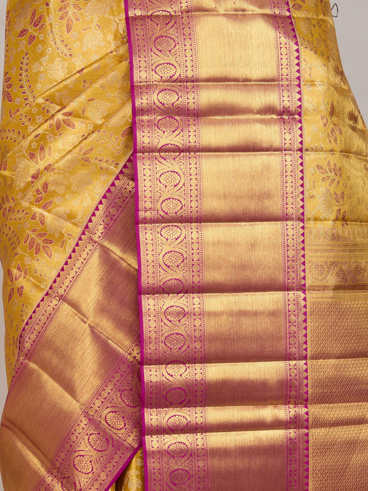 Golden Yellow Pure Kanjivaram Tissue Silk Saree - fabric detail