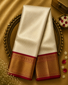 Pure White Kanjeevaram Silk Saree with Gold Zari & Maroon-Gold Border