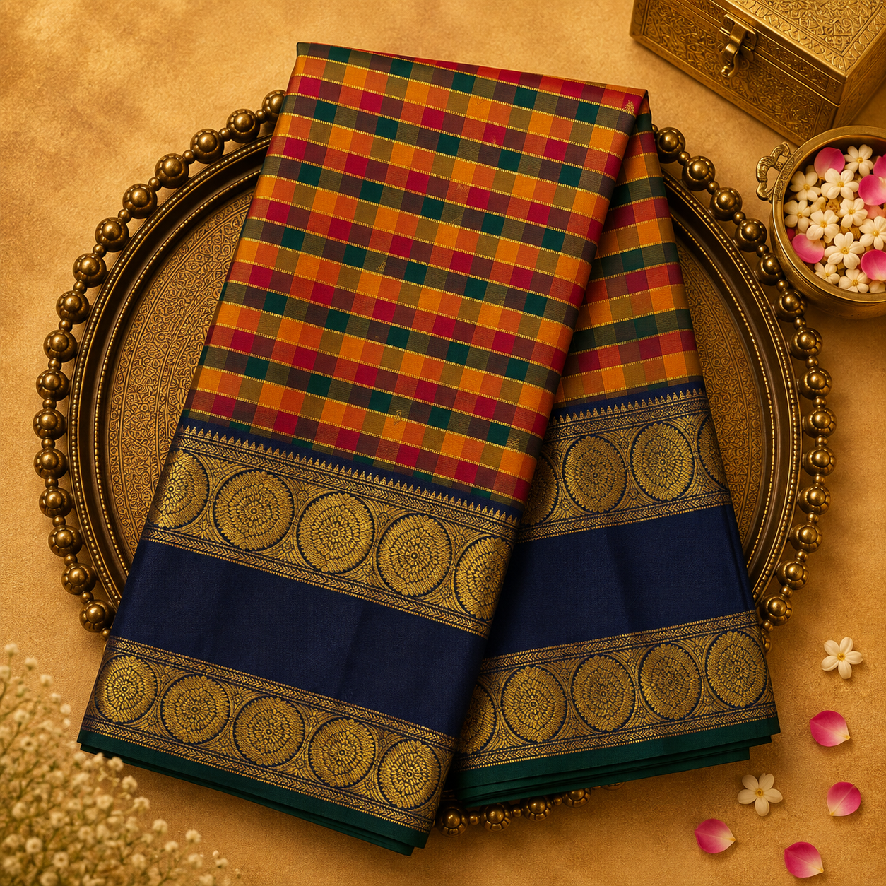 Multicolor Checked Kanjeevaram Silk Saree with Blue-Gold Border
