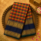 Multicolor Checked Kanjeevaram Silk Saree with Blue-Gold Border
