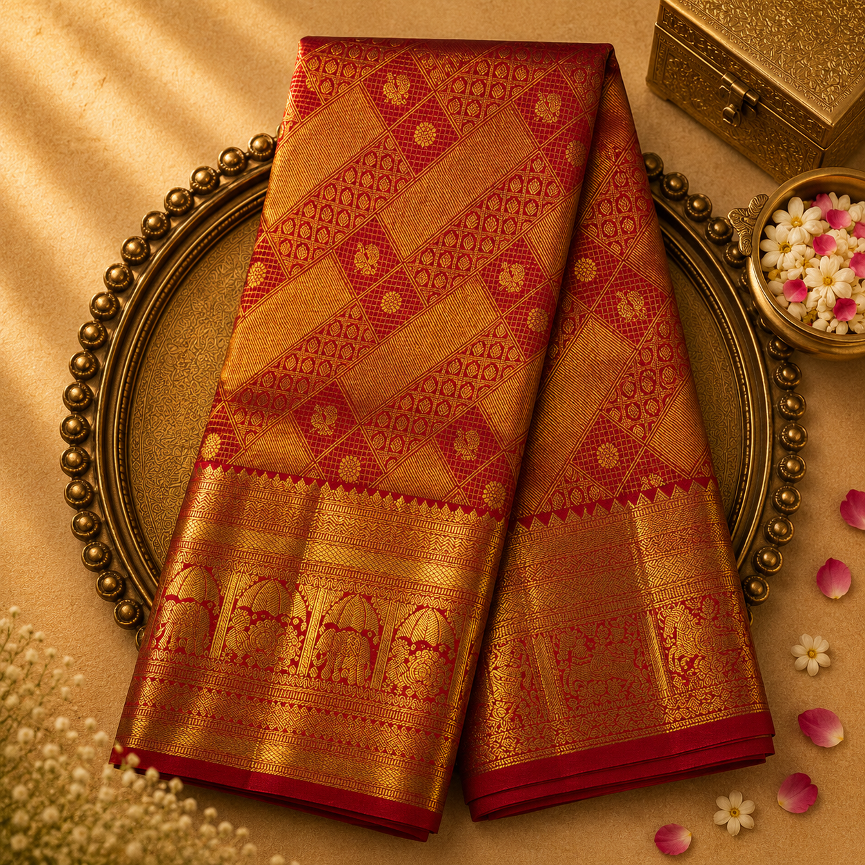 Bright Red Pure Kanjeevaram Silk Saree with Gold Zari & Elephant-Peacock Border