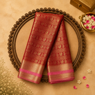 Red Semi Crepe Silk Saree with Gold Zari Motifs, Baby Pink-Gold Border & Pink Blouse