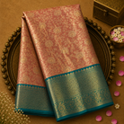 Peach Kanjeevaram Tissue Silk Saree with Floral Zari & Green-Gold Border
