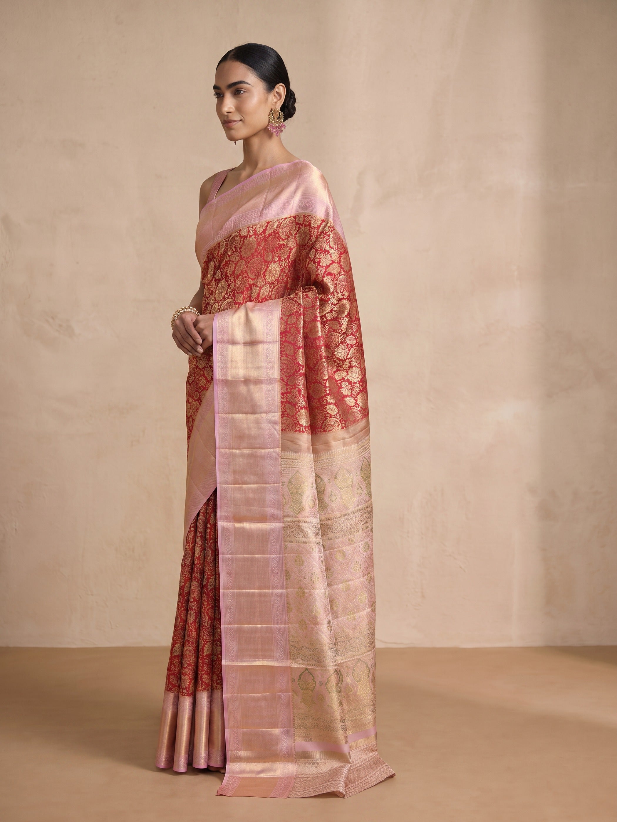 Red Pure Kanjivaram Tissue Silk Saree - side standing