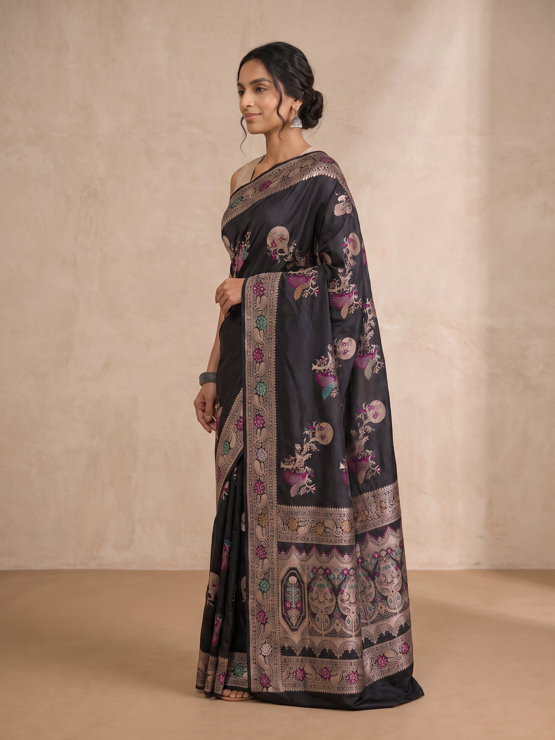 Black Banaras Georgette Saree - side standing