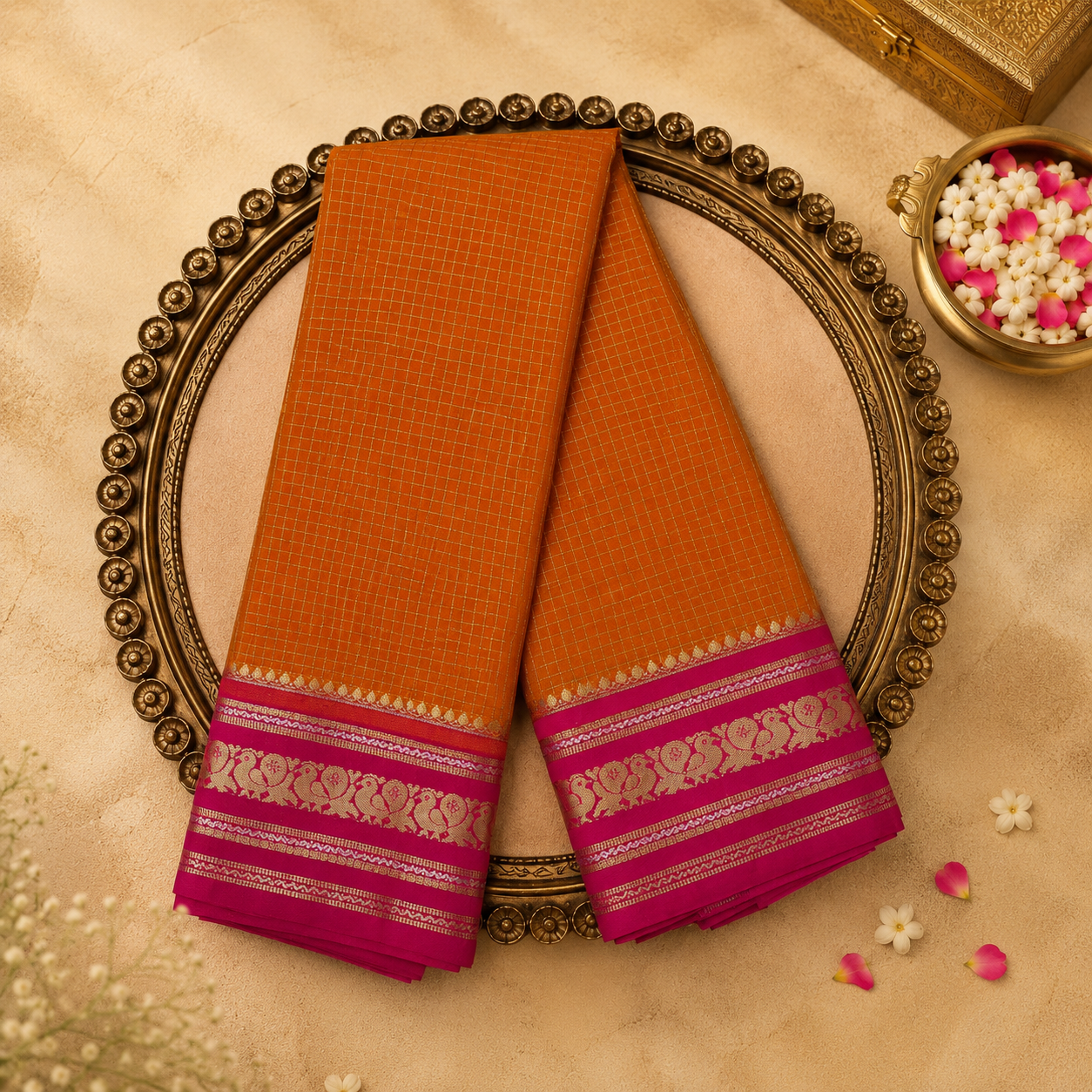 Mustard Yellow Semi Crepe Silk Saree with Gold Zari Checks, Pink-Gold Border & Pink Blouse