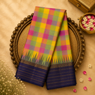 Multicolor Checked Saree with Blue-Gold Temple Border