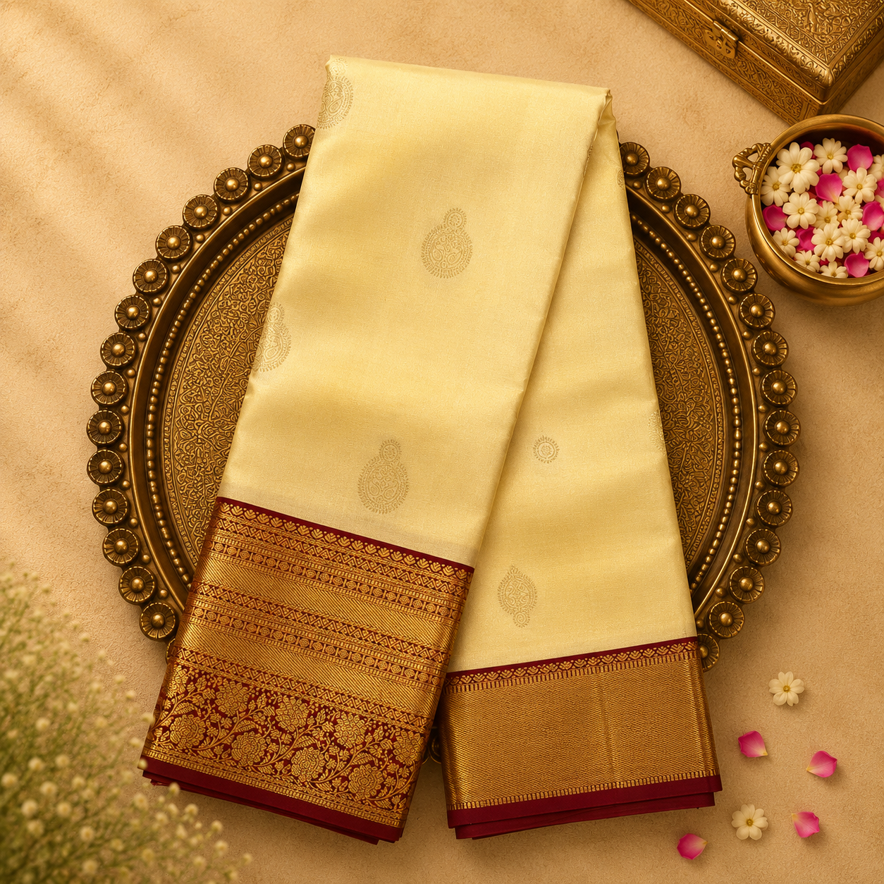 Half White Silk Saree with Gold Zari Buttas & Red-Gold Border