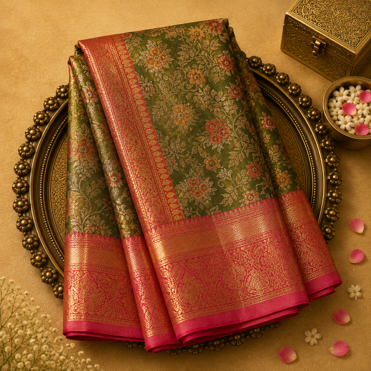 Light Green Semi Tissue Silk Saree with Gold Zari Weave, Pink-Gold Border & Pink Blouse