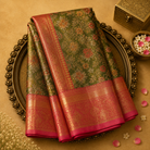 Light Green Semi Tissue Silk Saree with Gold Zari Weave, Pink-Gold Border & Pink Blouse