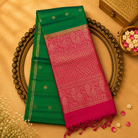 Dark Green Soft Silk Saree with Gold Zari Buttas & Pink Pallu