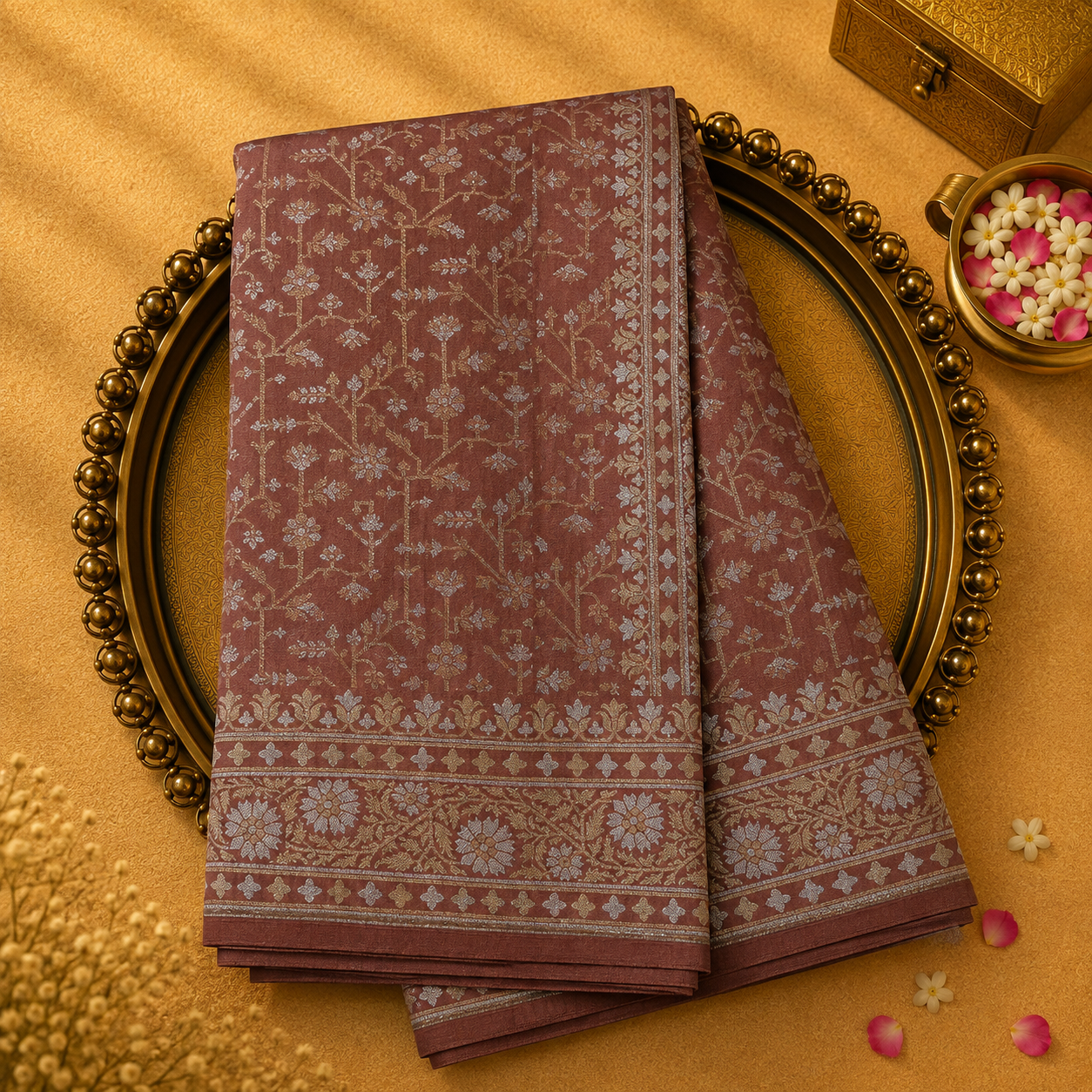 Dusky Peach Semi Banarasi Silk Saree with Floral Zari Work & Floral Border