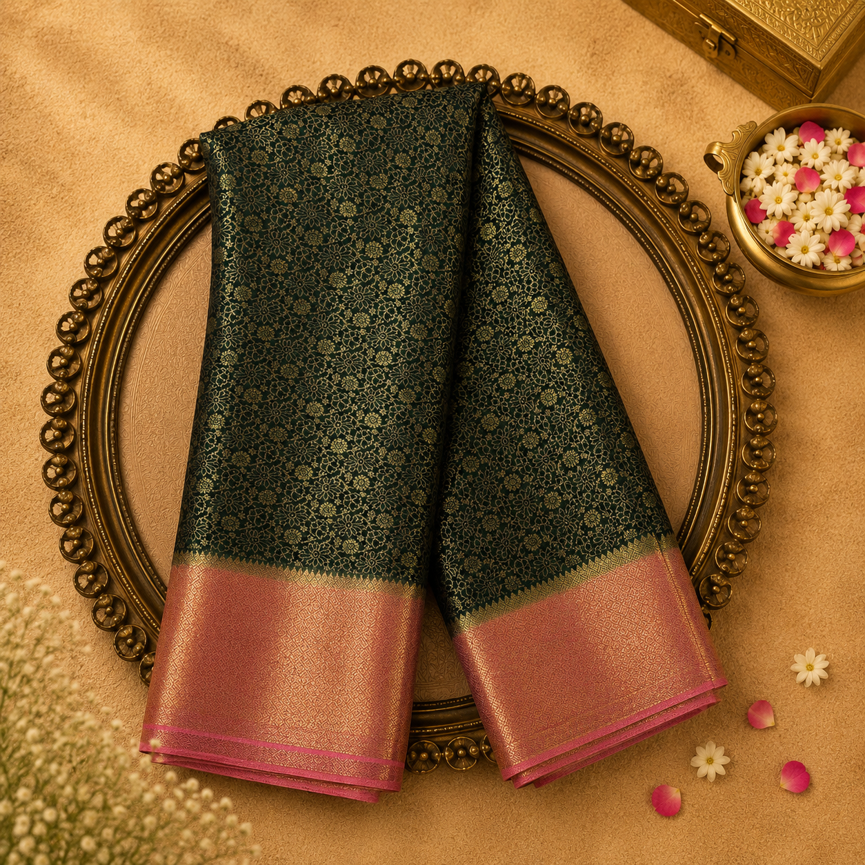 Dark Green Semi Crepe Silk Saree with Gold Zari Work, Pink-Gold Border & Pink Blouse
