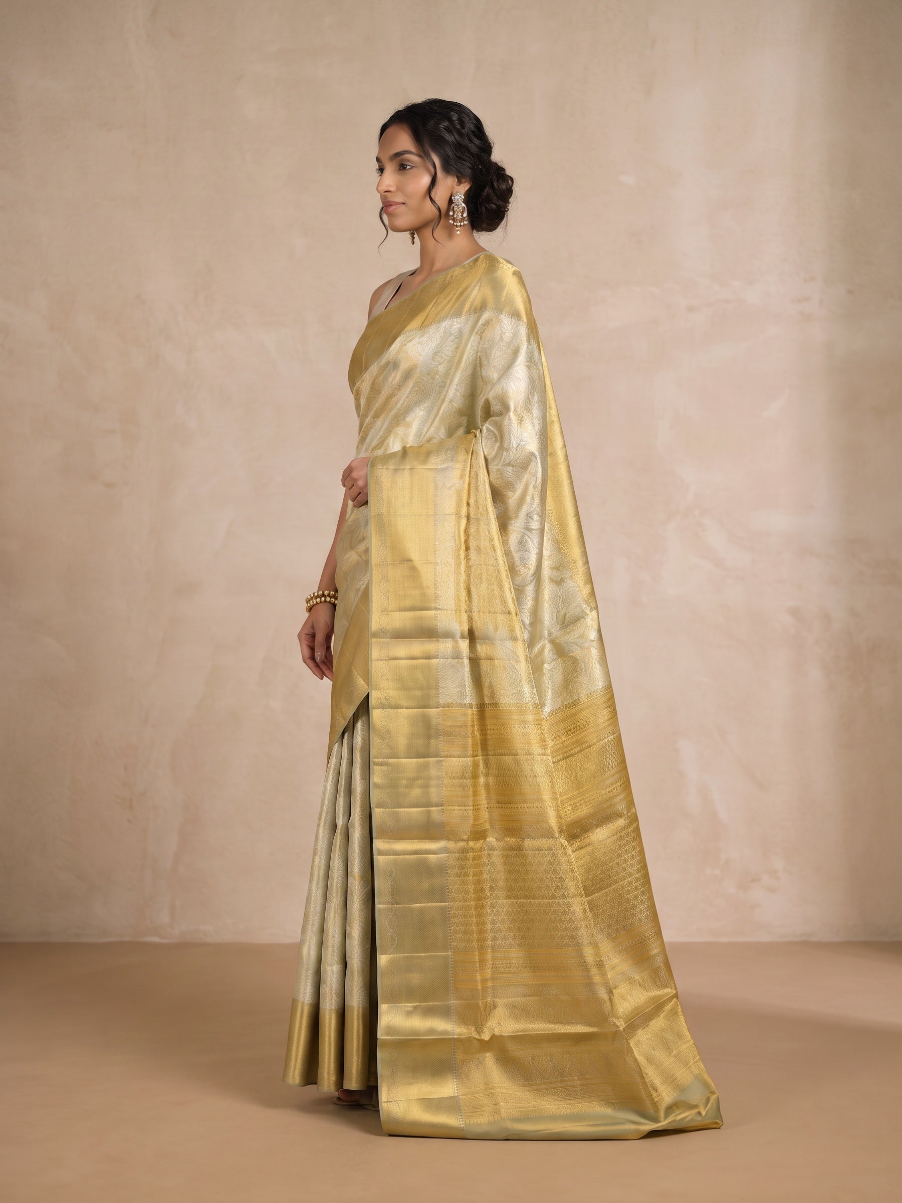 Ivory Pure Kanjivaram Silk Saree - side standing