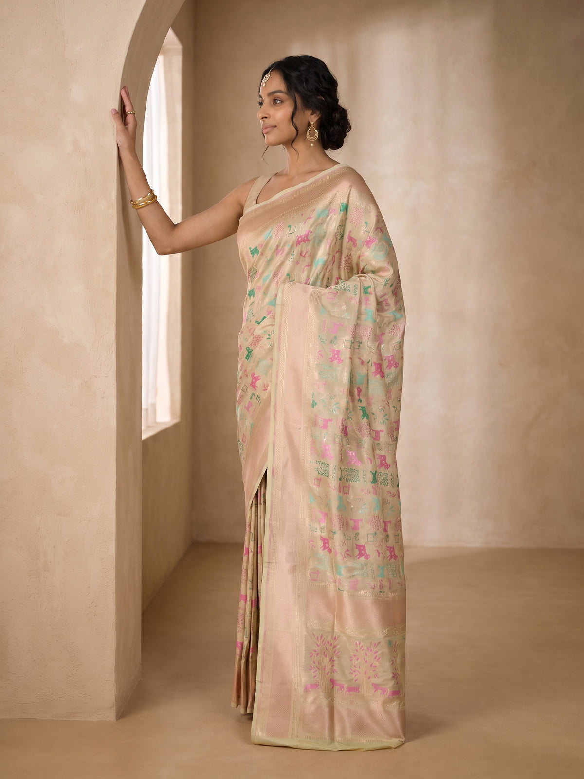 Golden Beige Banaras Georgette Saree - side standing