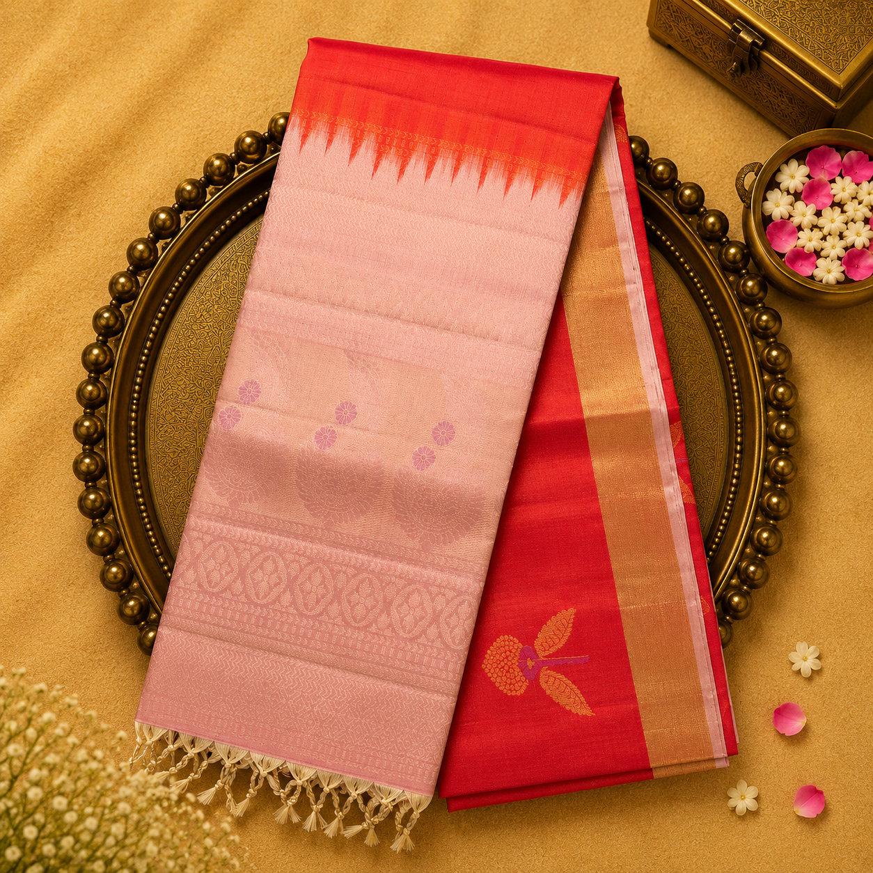 Bright Red Silk Saree with Gold-Toned Zari Motifs and Plain Gold Border