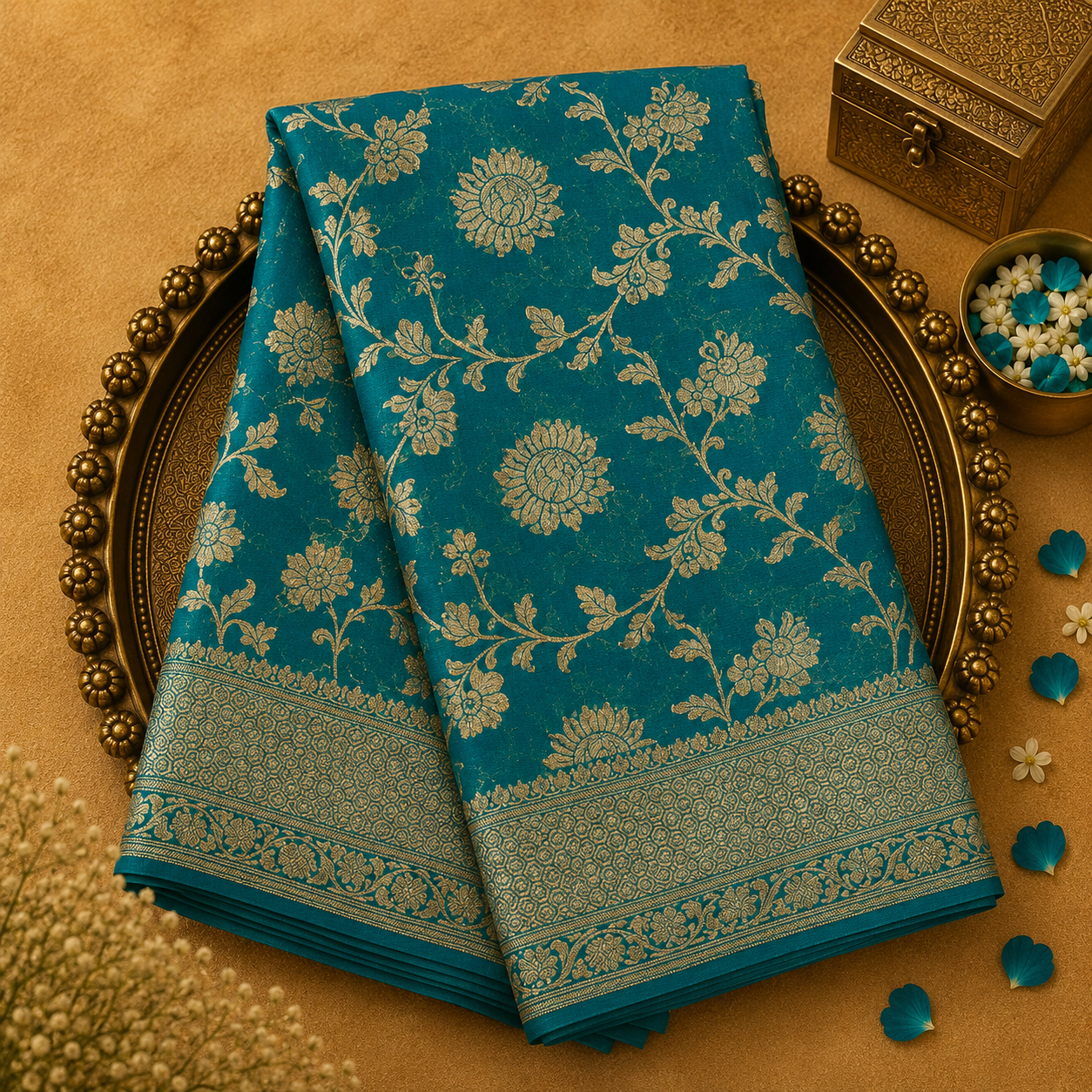 Teal Green Banarasi Georgette Saree with Floral Zari, Gold Border & Teal Blouse