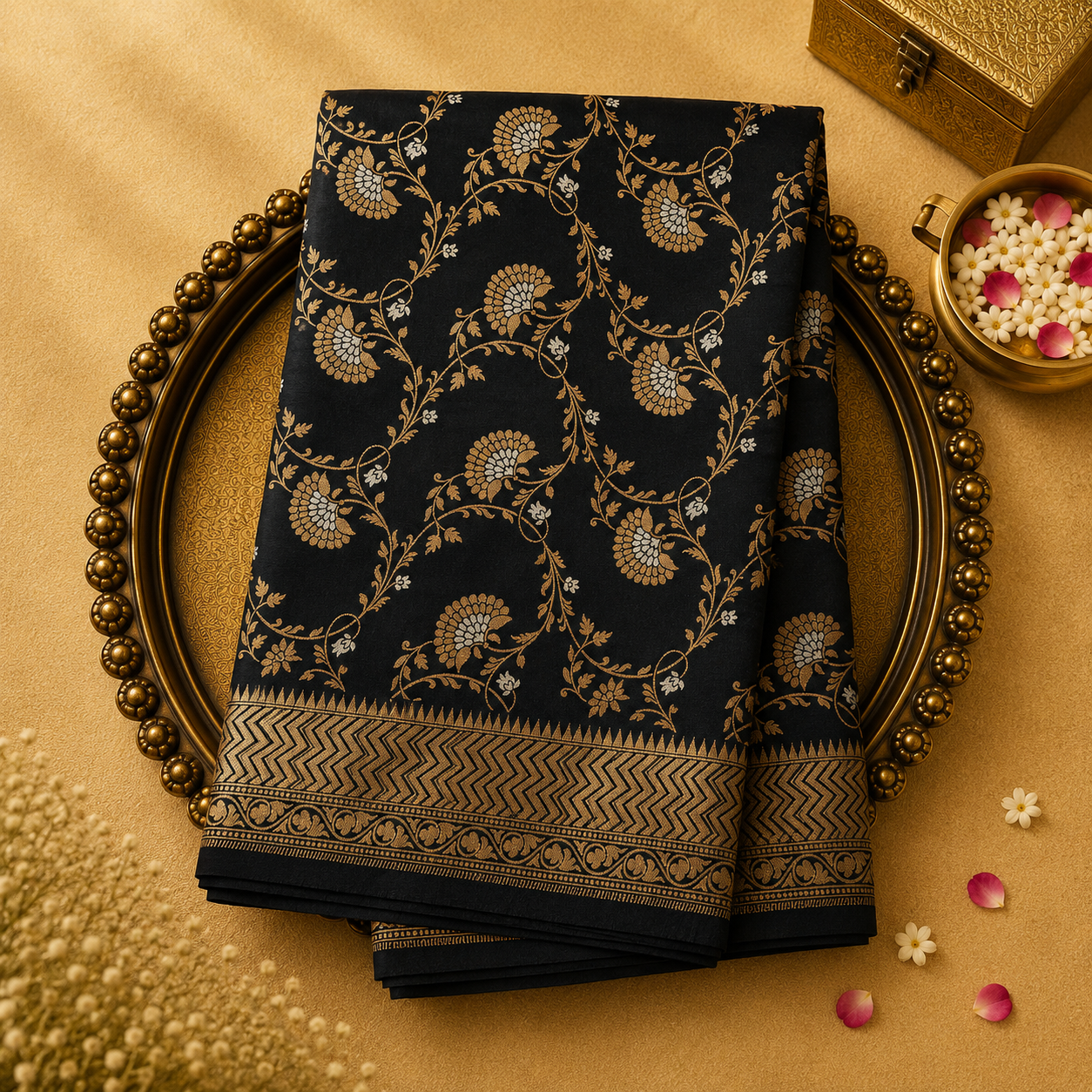 Black Banarasi Silk Saree with Gold Zari Work & Gold Border