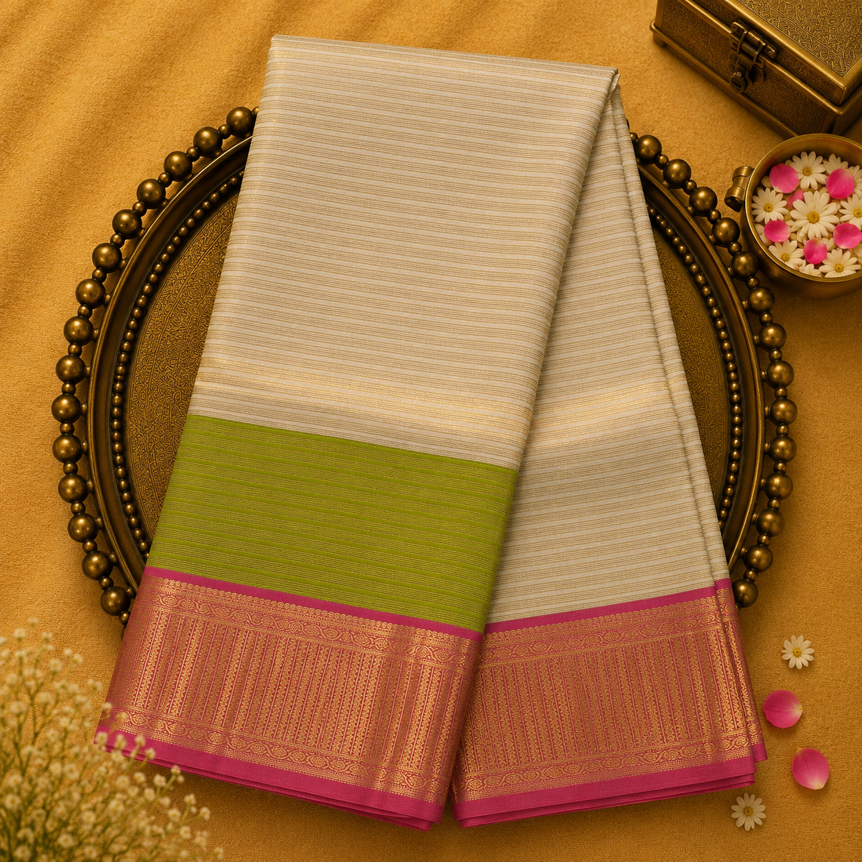 Half White-Green Kanjeevaram Silk Saree with Gold Zari Lines & Pink-Gold Border