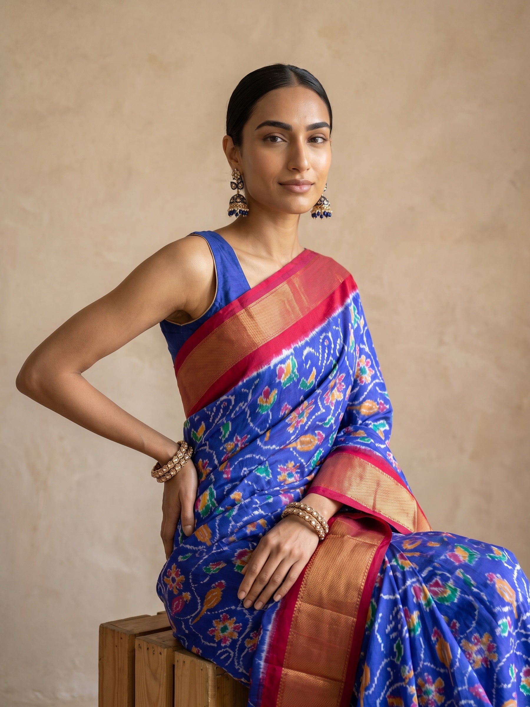 Royal Blue Patola Silk Saree - seated portrait