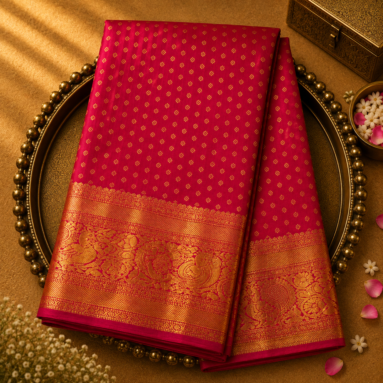 Dusky Red Pure Kanjeevaram Silk Saree with Gold Buttas & Red-Gold Border