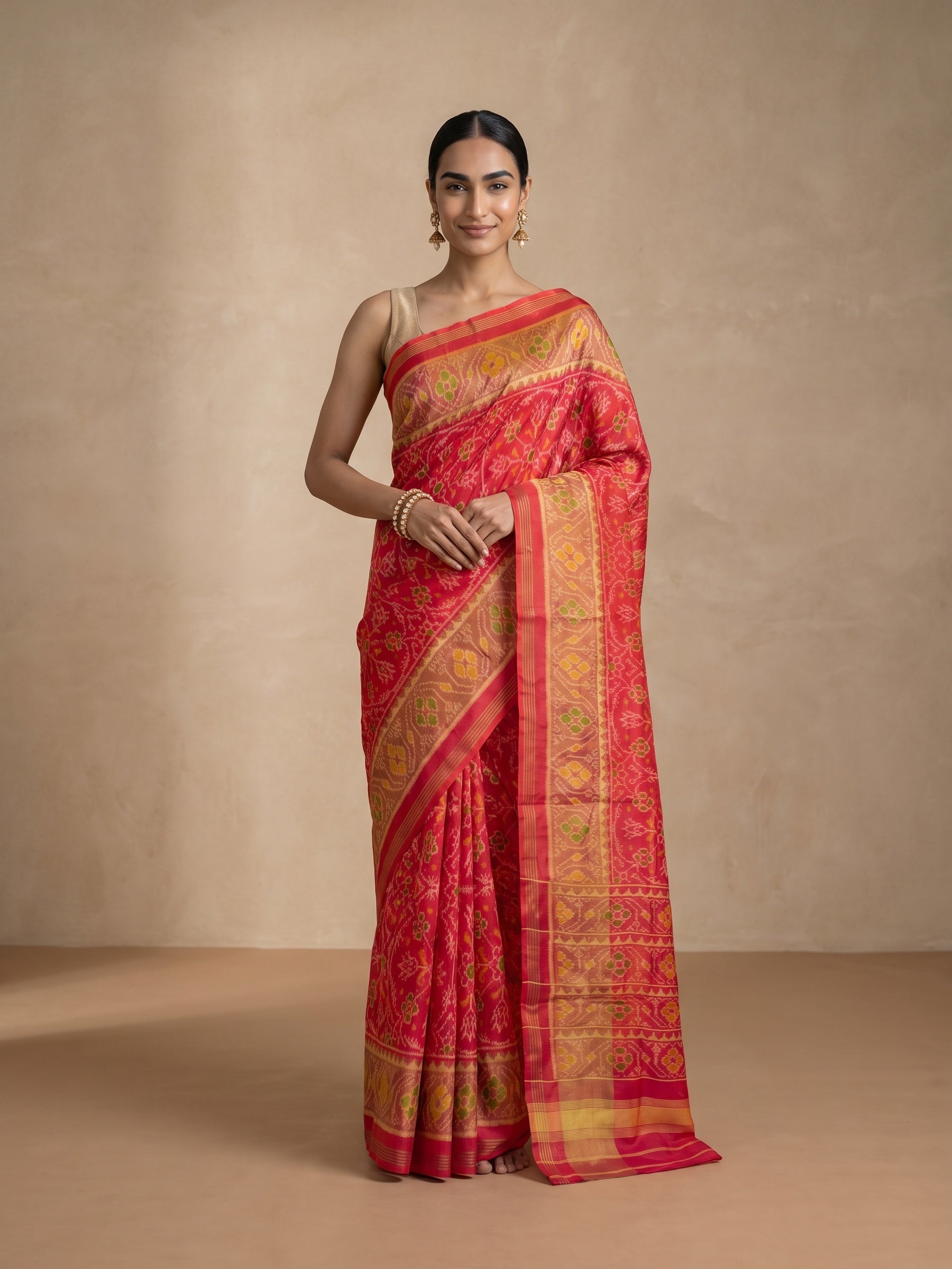 Red Ikat Silk Saree - front standing