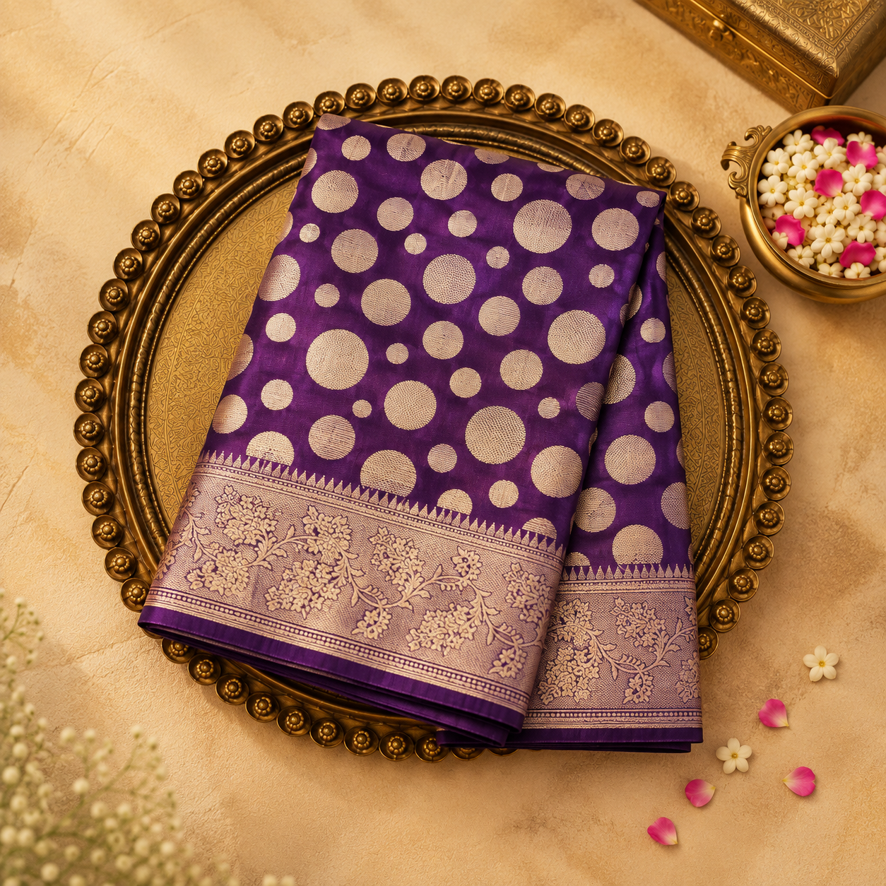 Dark Purple Soft Silk Saree with Gold Zari Dots & Floral Border