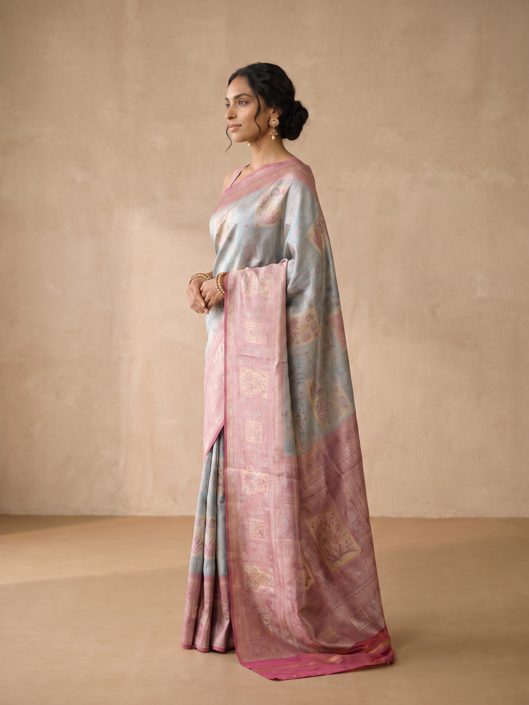 Powder Blue Banaras Georgette Saree - side standing