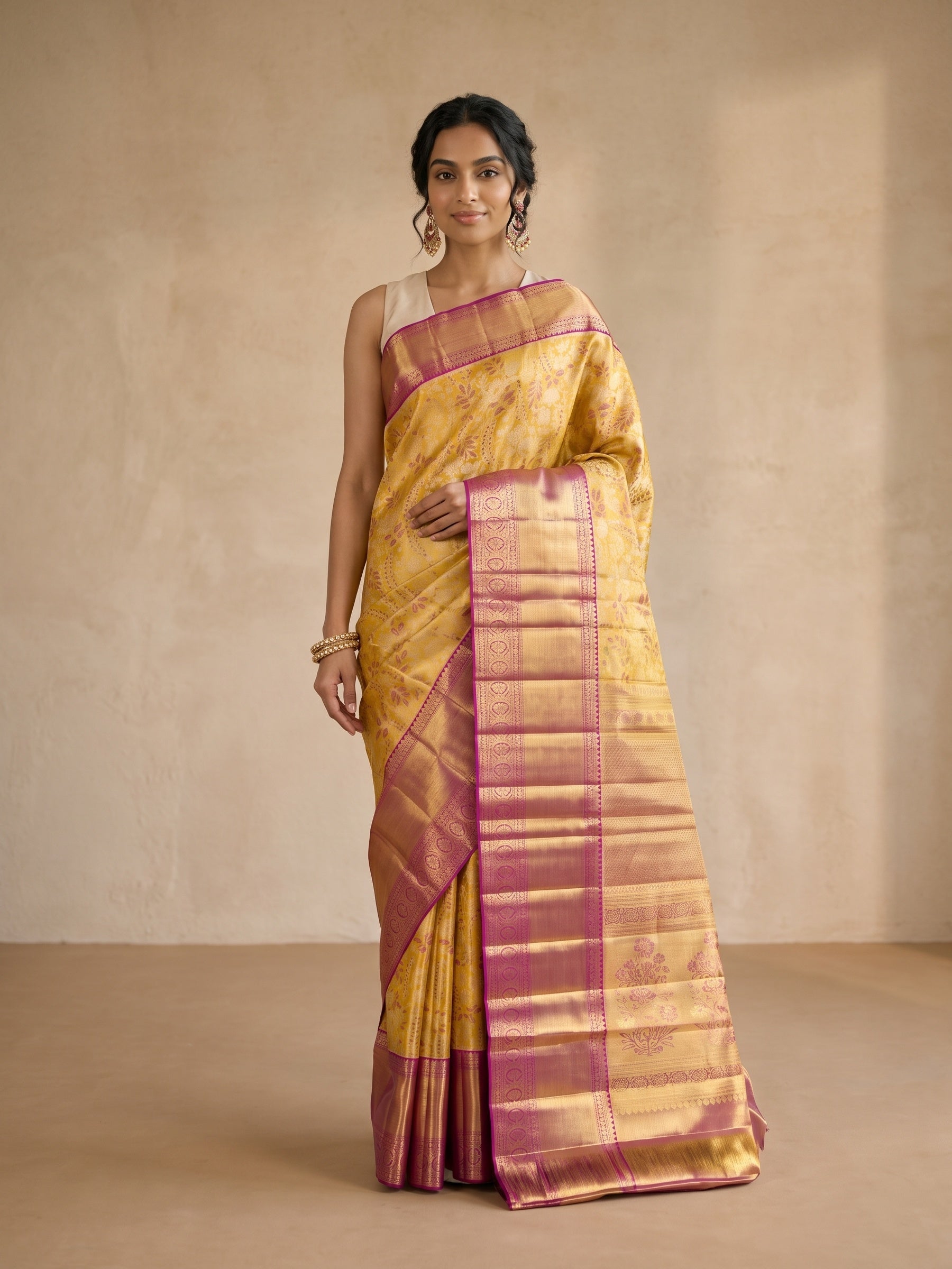 Golden Yellow Pure Kanjivaram Tissue Silk Saree - front pose