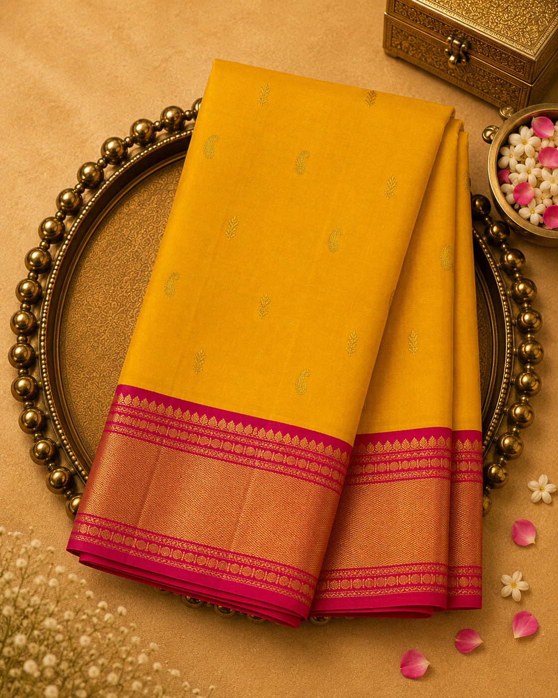 Yellow Silk Saree with Gold Zari Buttas & Red-Gold Border