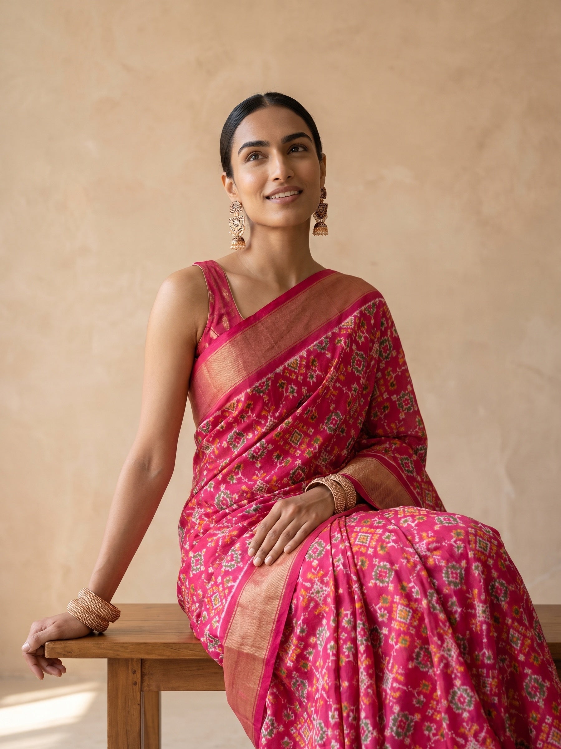 Reddish Maroon Patola Silk Saree - seated portrait