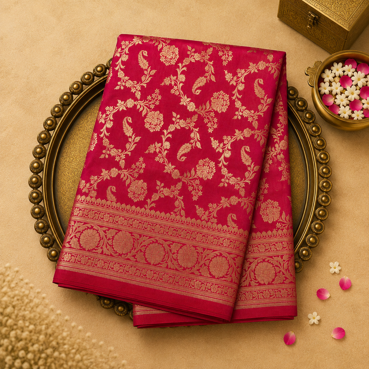 Bright Red Banarasi Silk Saree with Gold Zari Work & Gold Border