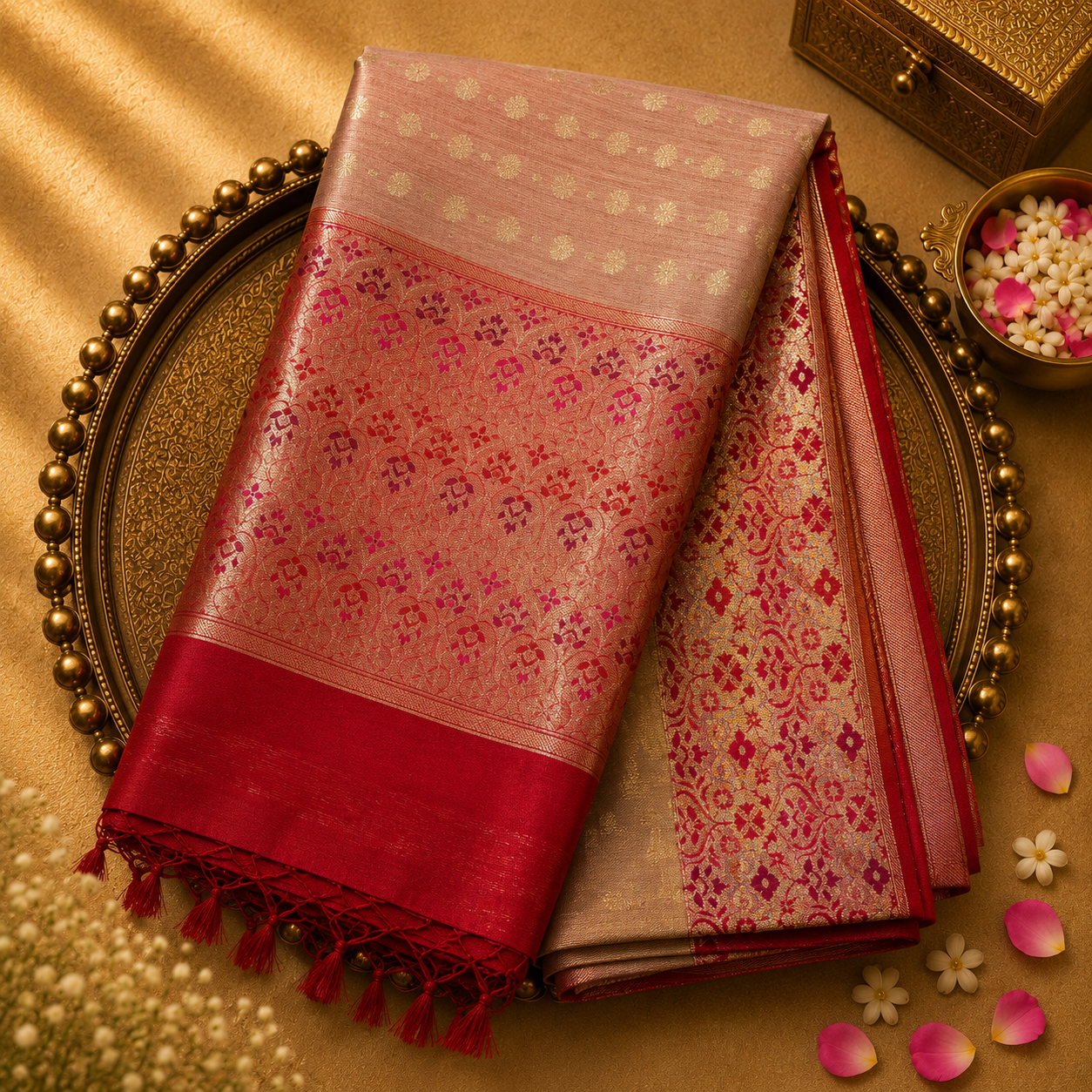 Red Tussar Silk Saree with Gold Zari Brocade