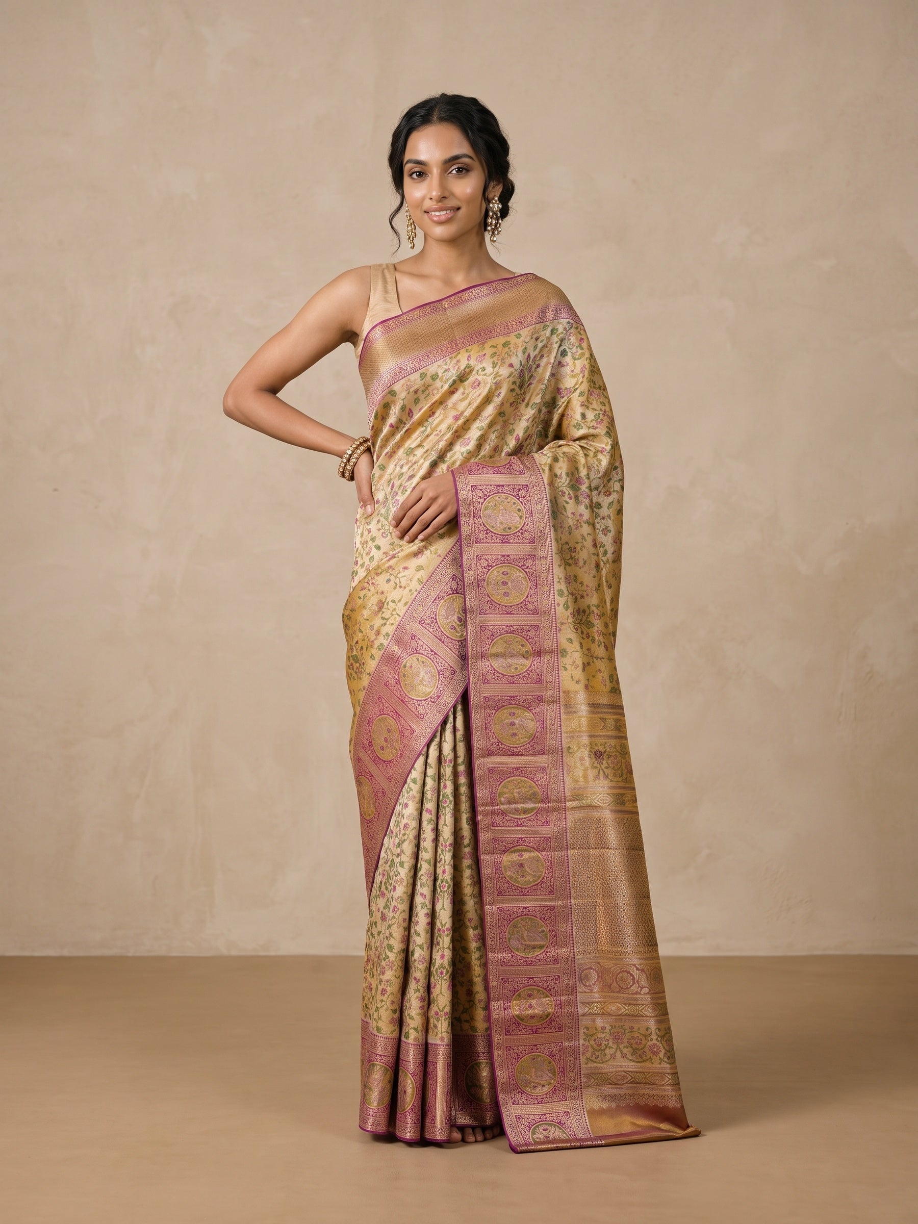 Golden Pure Kanjivaram Silk Saree - front standing