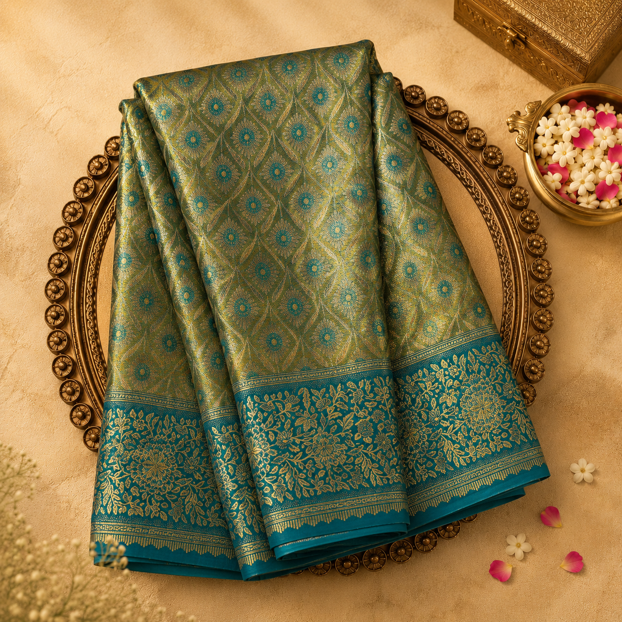 Light Green Kanjeevaram Tissue Silk Saree with Floral Zari, Teal-Gold Border & Teal Blouse