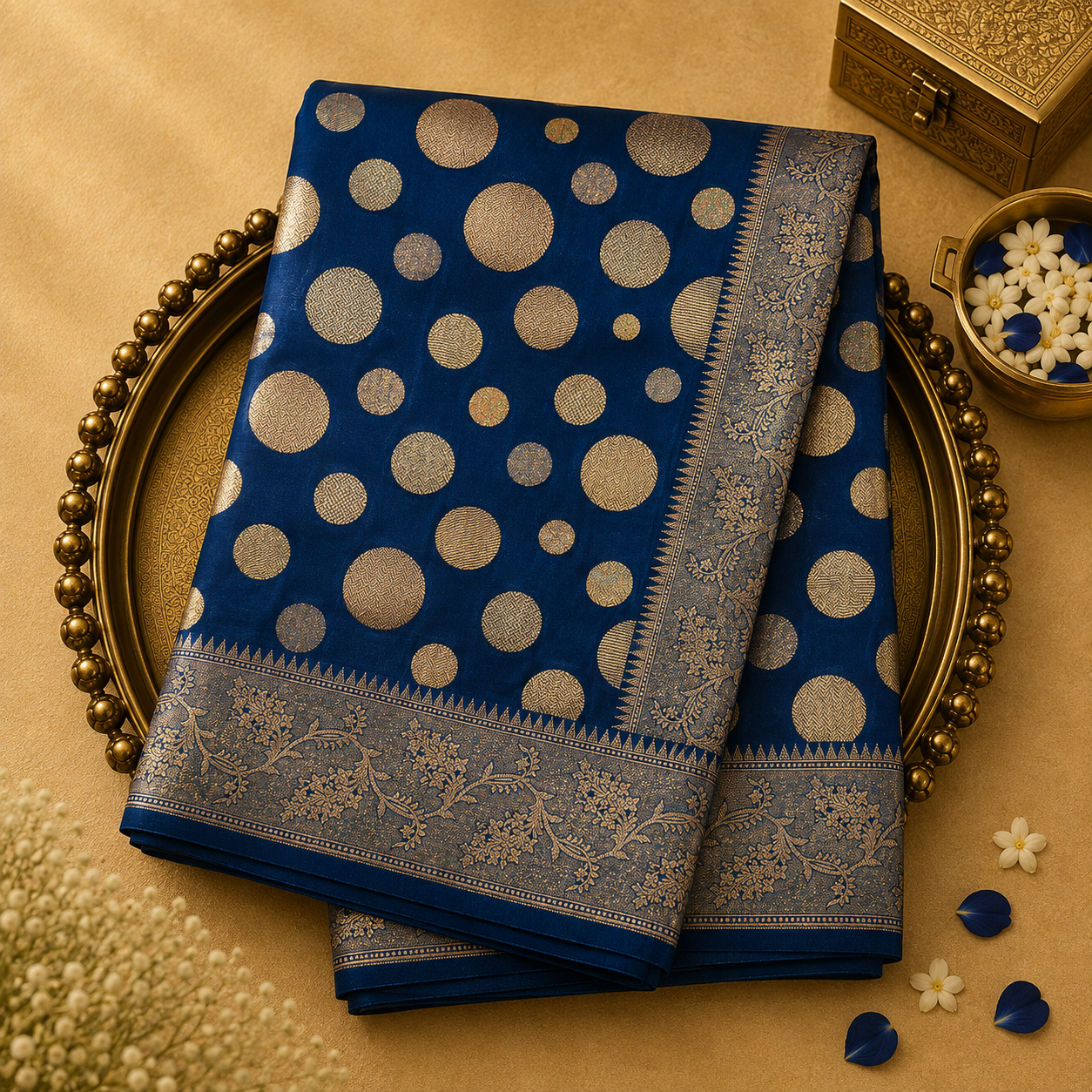 Dark Royal Blue Banarasi Silk Saree with Gold Zari Dots & Zari Border