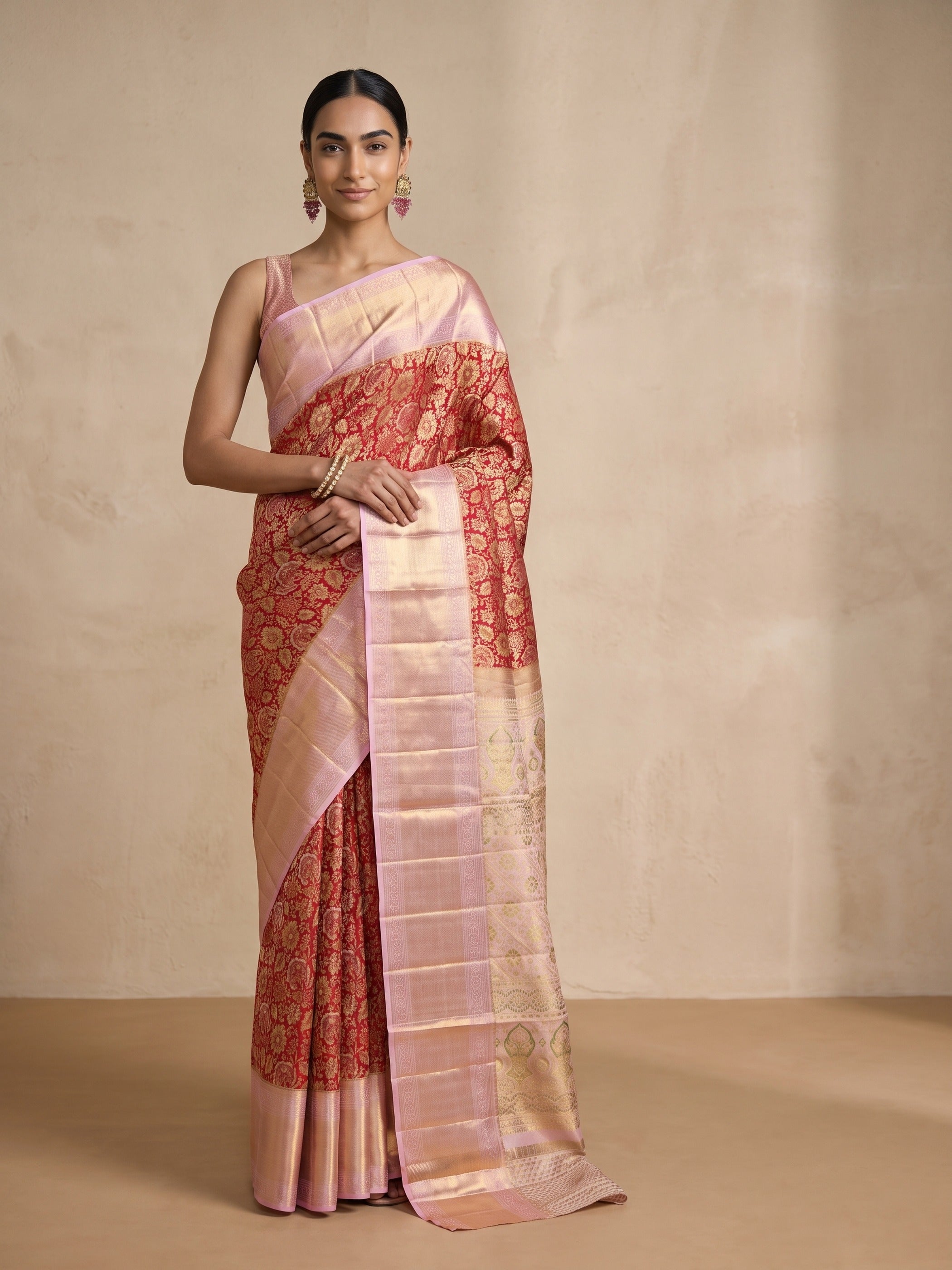 Red Pure Kanjivaram Tissue Silk Saree - front pose