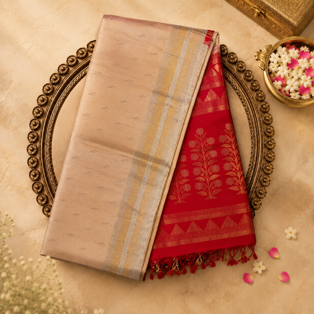 Beige Pure Soft Silk Saree with Gold Zari, Red Pallu & Blouse