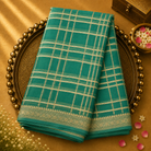 Light Teal Green Banarasi Silk Saree with Gold Checks & Zari Border