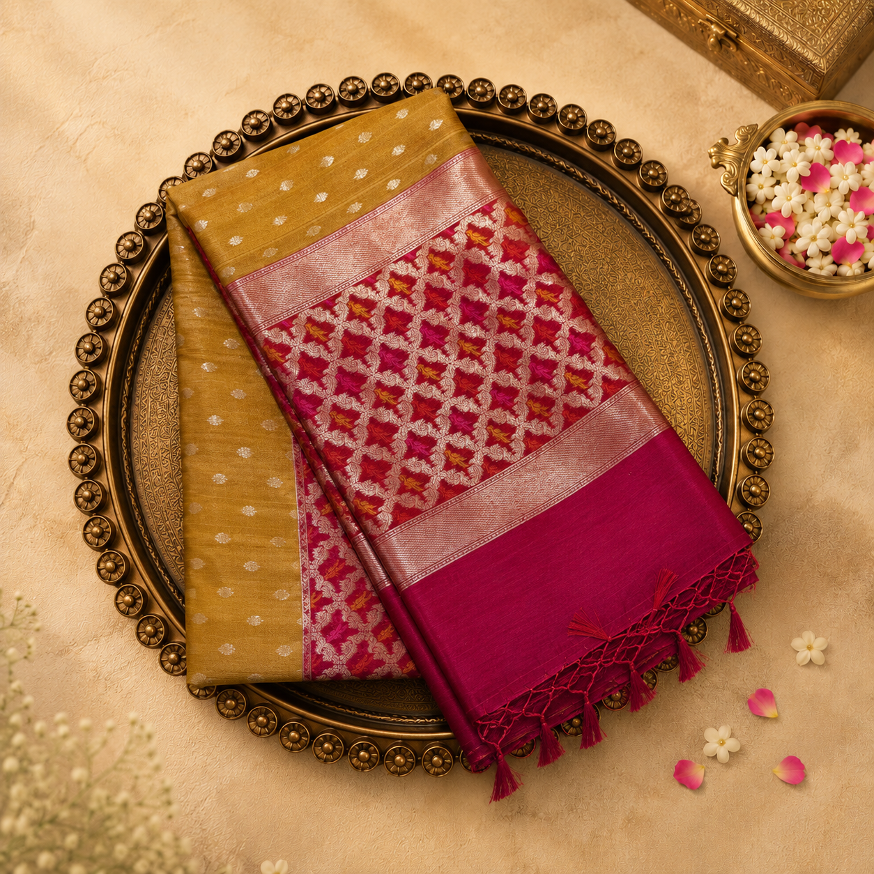 Mustard Yellow Tussar Silk Saree with Gold Buttas, Red Border & Pallu