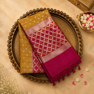 Mustard Yellow Tussar Silk Saree with Gold Buttas, Red Border & Pallu