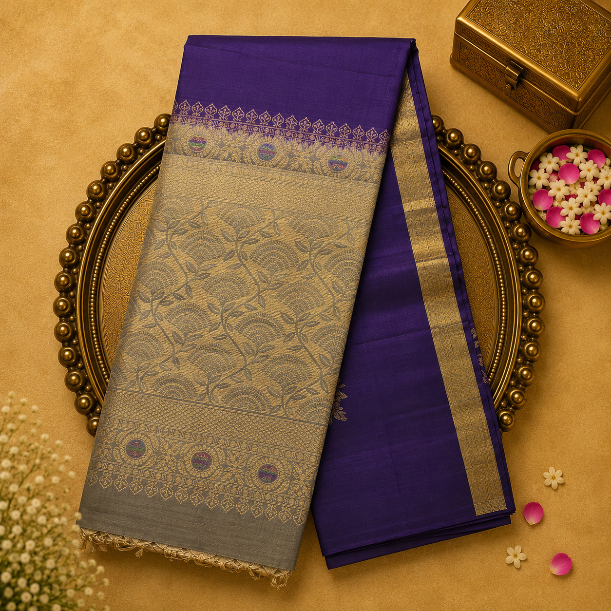 Dark Purple Soft Silk Saree with Broad Gold-Toned Zari and Plain Gold Traditional Border