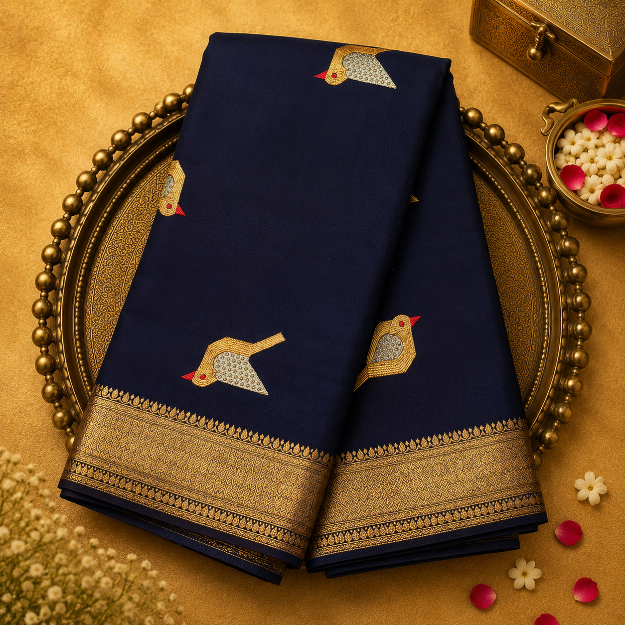 Dark Blue Banarasi Silk Saree with Bird Motifs & Gold Zari Border