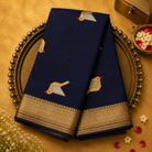 Dark Blue Banarasi Silk Saree with Bird Motifs & Gold Zari Border