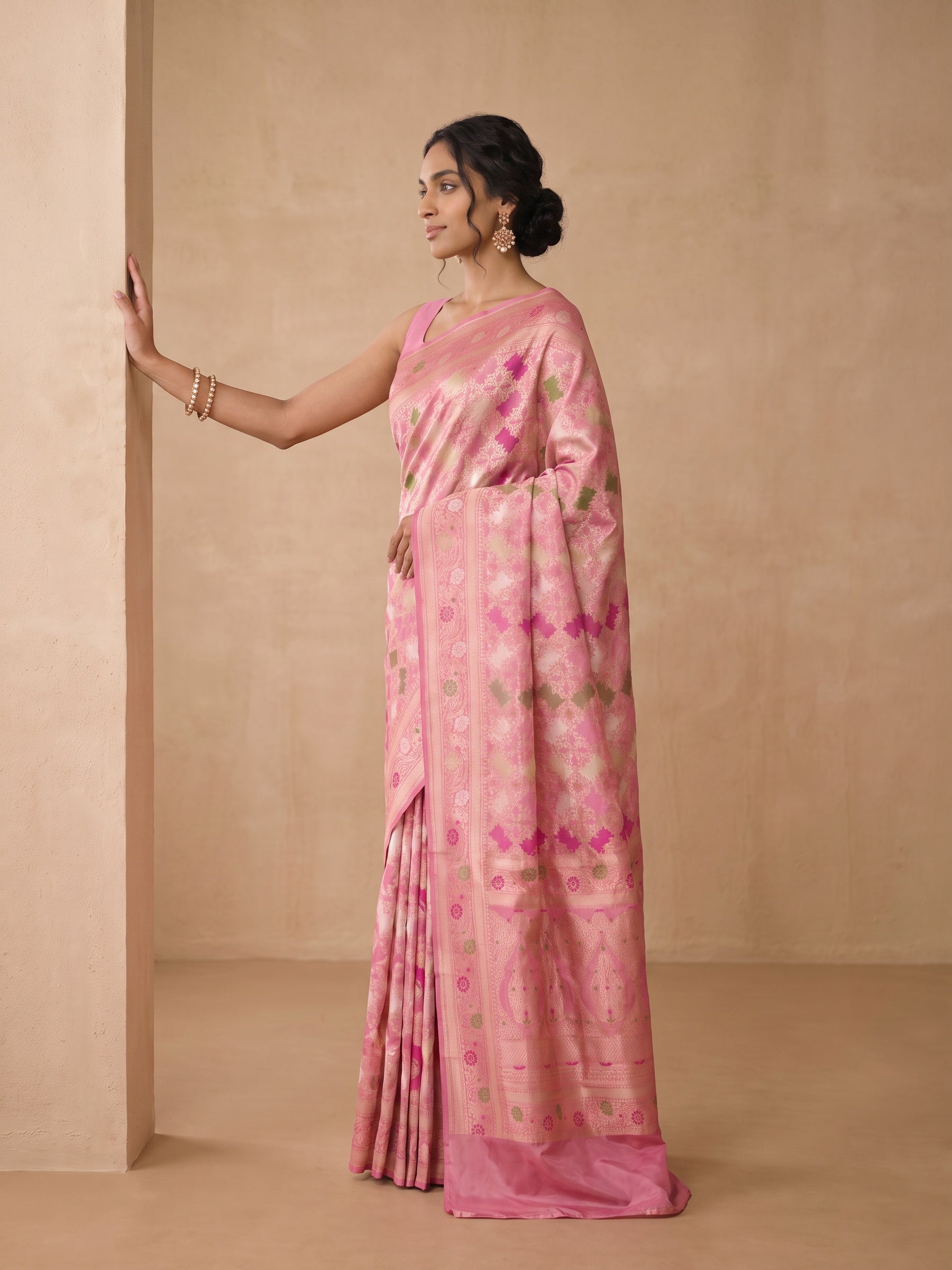 Pink Patola Silk Saree - side standing