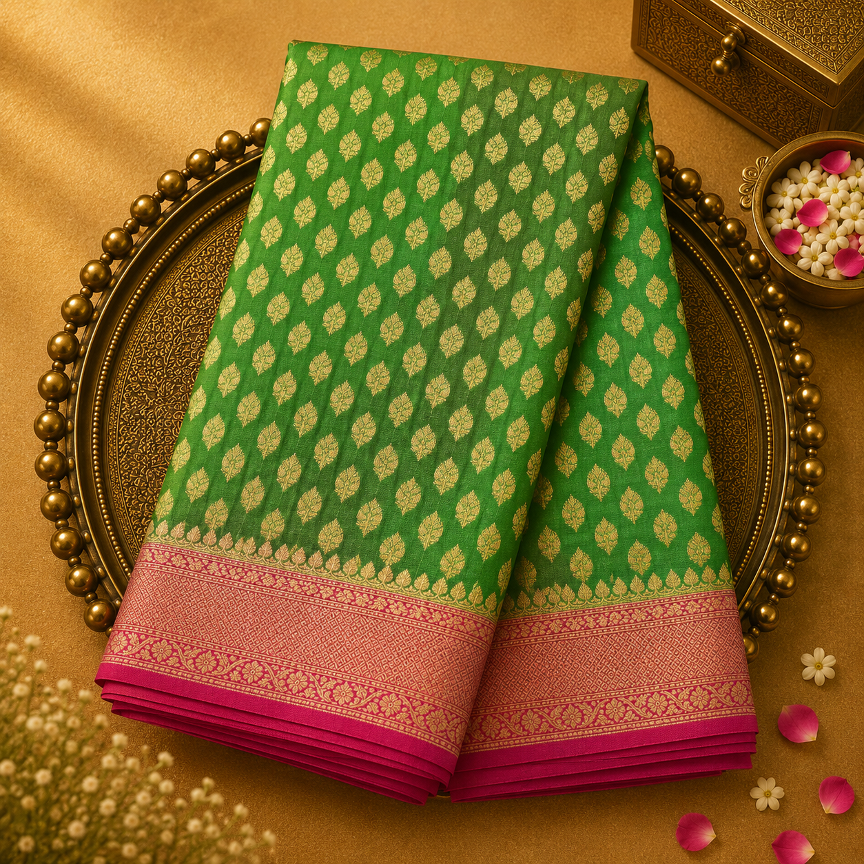 Green Banarasi Silk Saree with Gold Zari Buttas & Pink-Gold Border