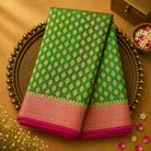 Green Banarasi Silk Saree with Gold Zari Buttas & Pink-Gold Border
